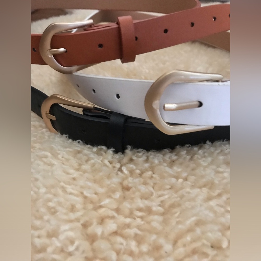 Women’s Slim Leather Belts - Black, White & Brown - Classic Gold Buckle